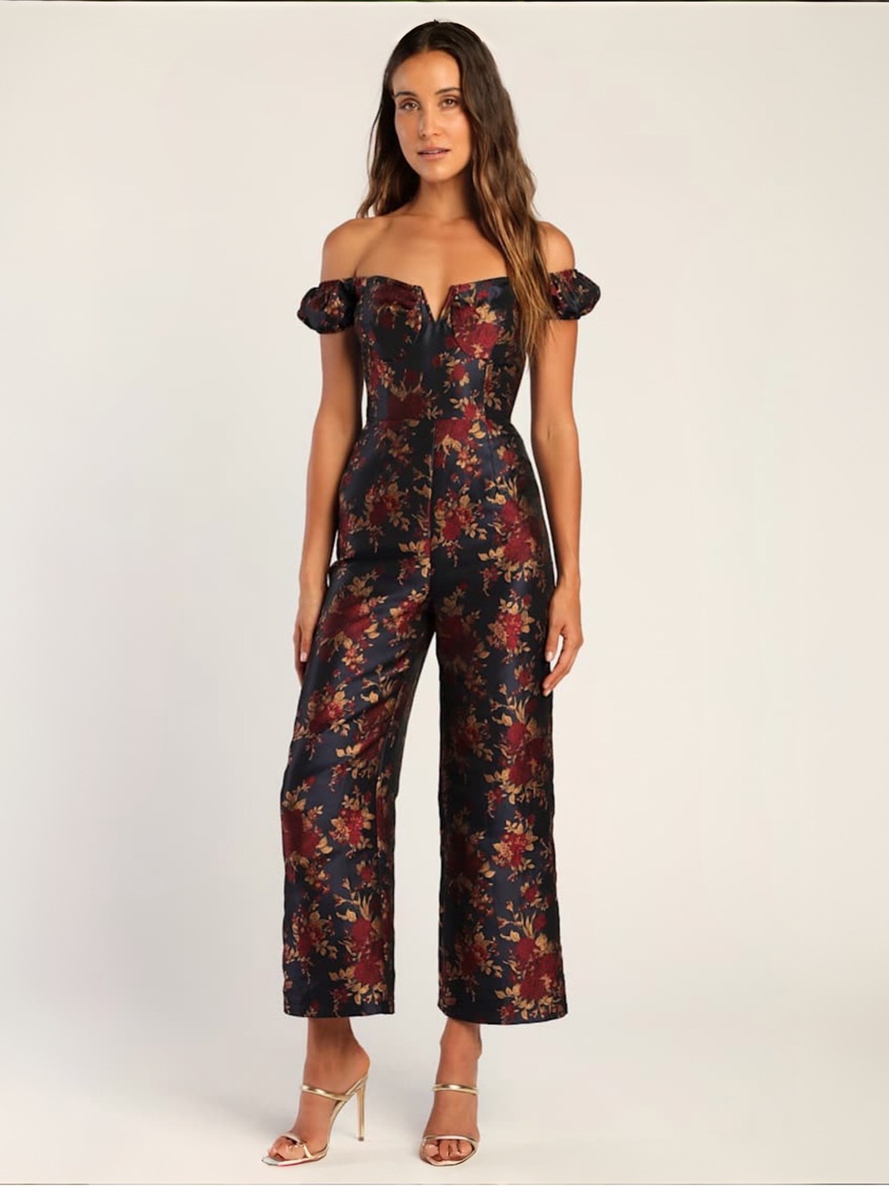 Lulu's Black Floral Off-Shoulder Jumpsuit with Burgundy and Gold Accents